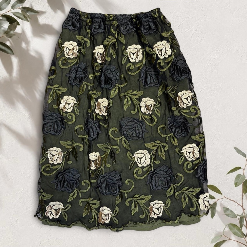 Floral Embroidered Mesh Midi Skirt Green Black Rose Fairycore Boho Small Medium
